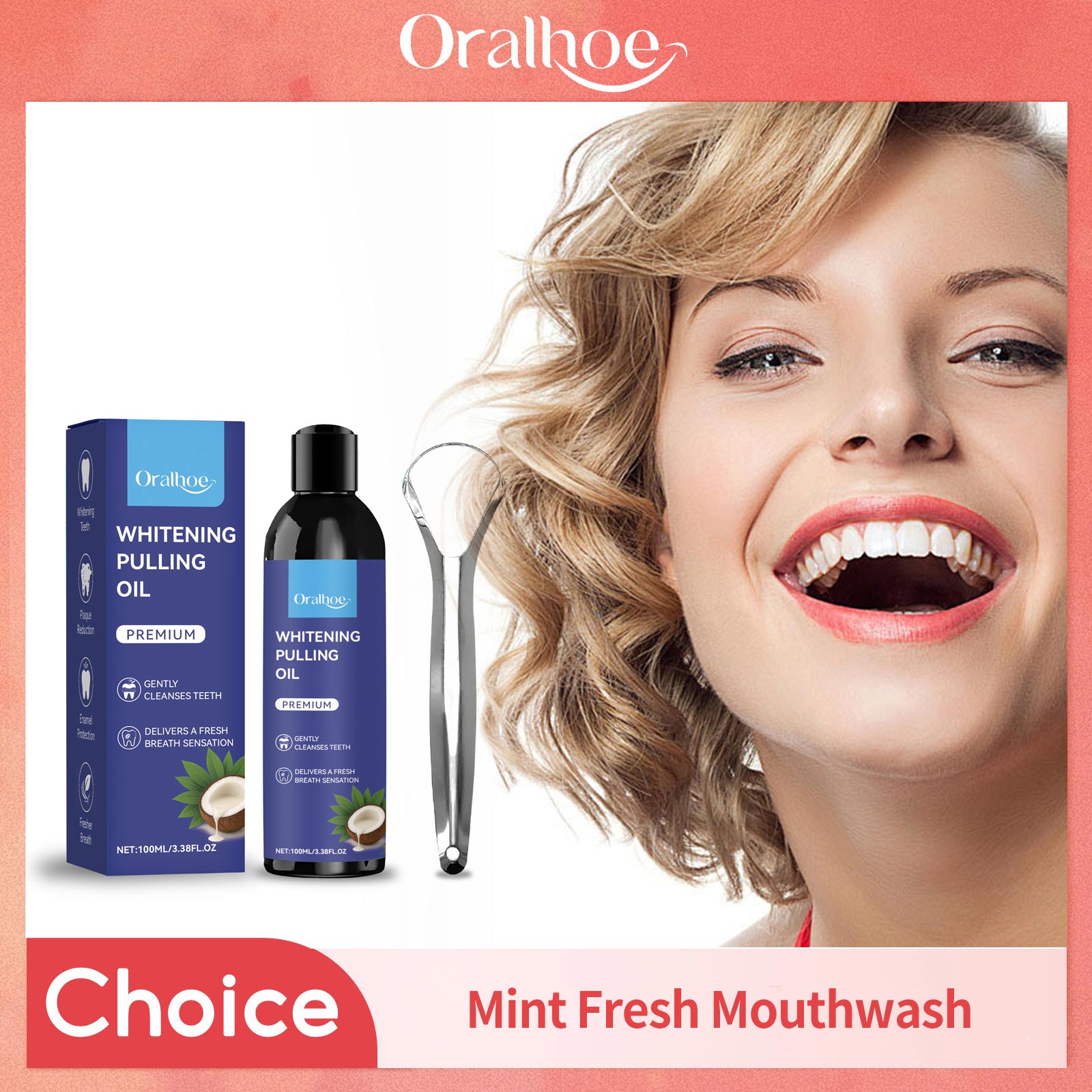 Teeth Whitening Oil Pulling - Óleo de coco puxando com raspador